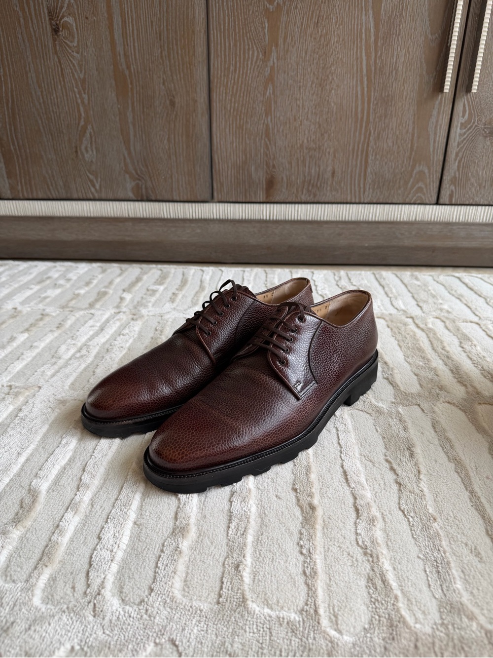 Salvatore Ferragamo Mens 9.5 D Brown Scotch Grain Derby Lug Sole Made in Italy